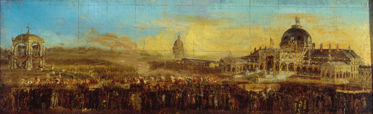 Celebração de 10 de maio de 1852, no Champ-de-Mars; partida do Príncipe-Presidente, após a bênção das bandeiras. Atual 7º arrondissement, Paris, entre 1847 e 1857 (óleo sobre tela) de Unknown artist