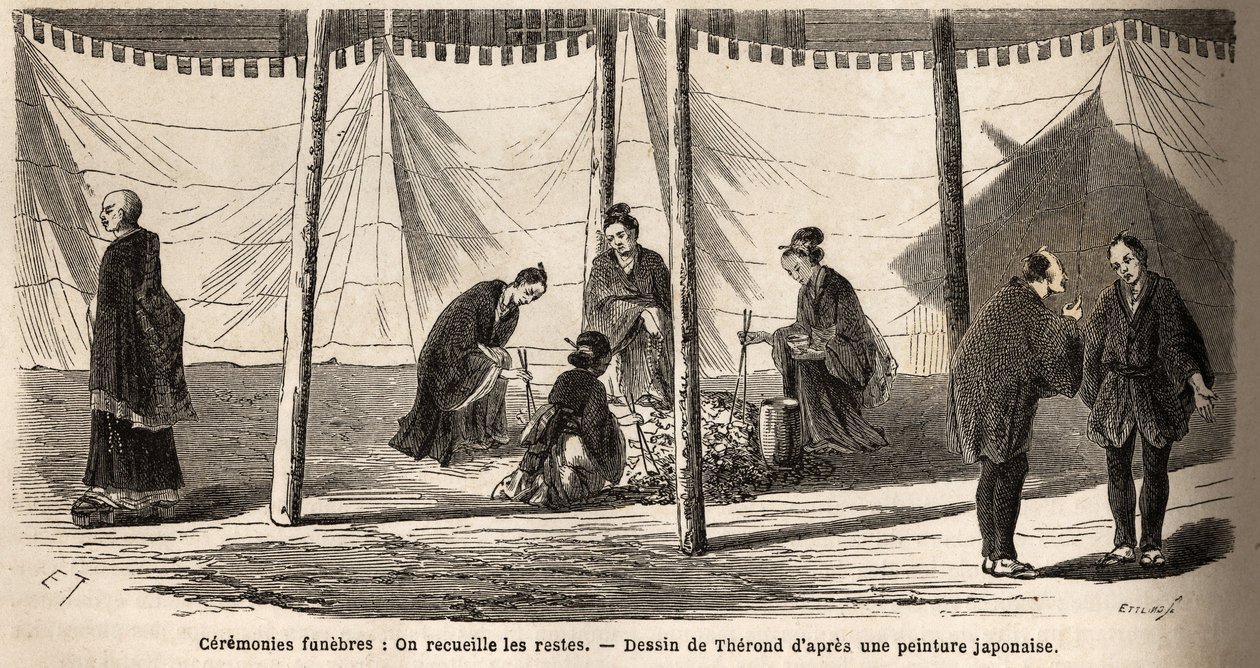 Cerimónias fúnebres: após incineração, recolha de restos mortais. Gravura para ilustrar a viagem ao Japão em 1863-1864, de Aime Humbert, ministro da Confederação Suíça, no "Le tour du monde, nouveau journal des voyages", publicado sob a direção de Unknown artist