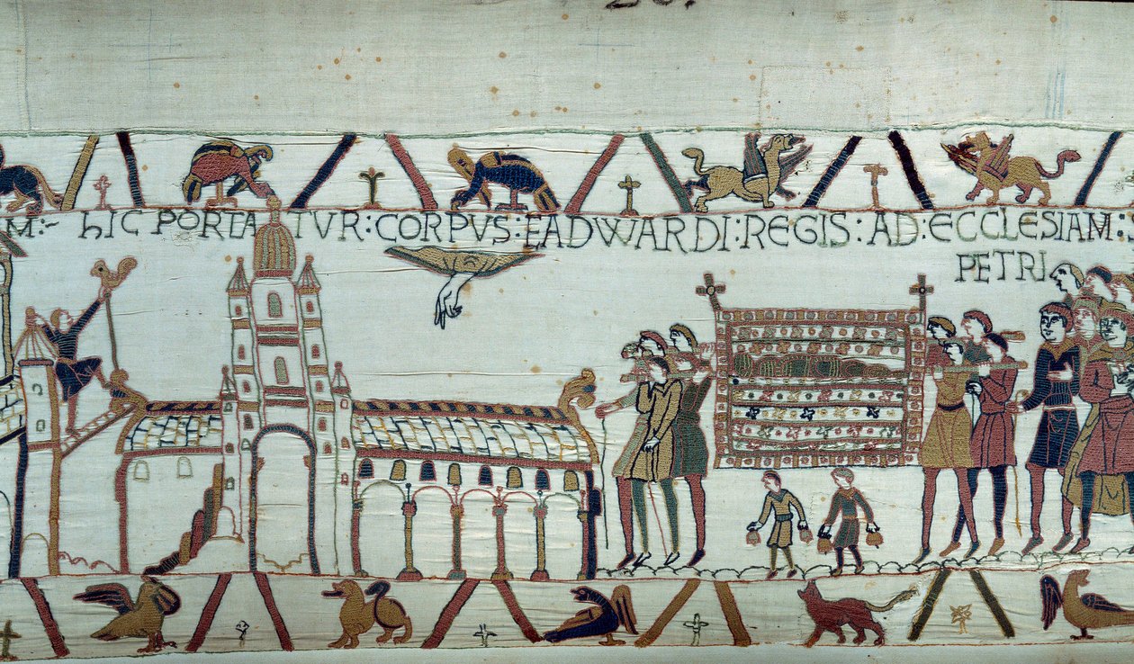 Funeral do Rei Eduardo Confessor da Inglaterra, seu corpo é levado para a Igreja de São Pedro Detalhe da Tapeçaria de Bayeux ou Bordado da Rainha Mathilde de Unknown artist