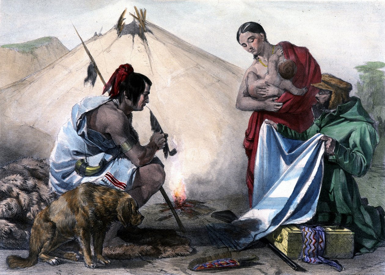 Troca de peles por tecidos entre os índios Huron canadenses e o homem branco - em "Shyth