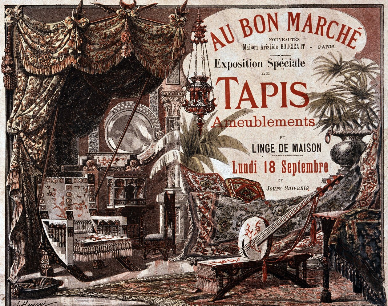 Mobiliário e tapetes de móveis - anúncio da loja "Le bon marche", finais do século XIX. de Unknown artist