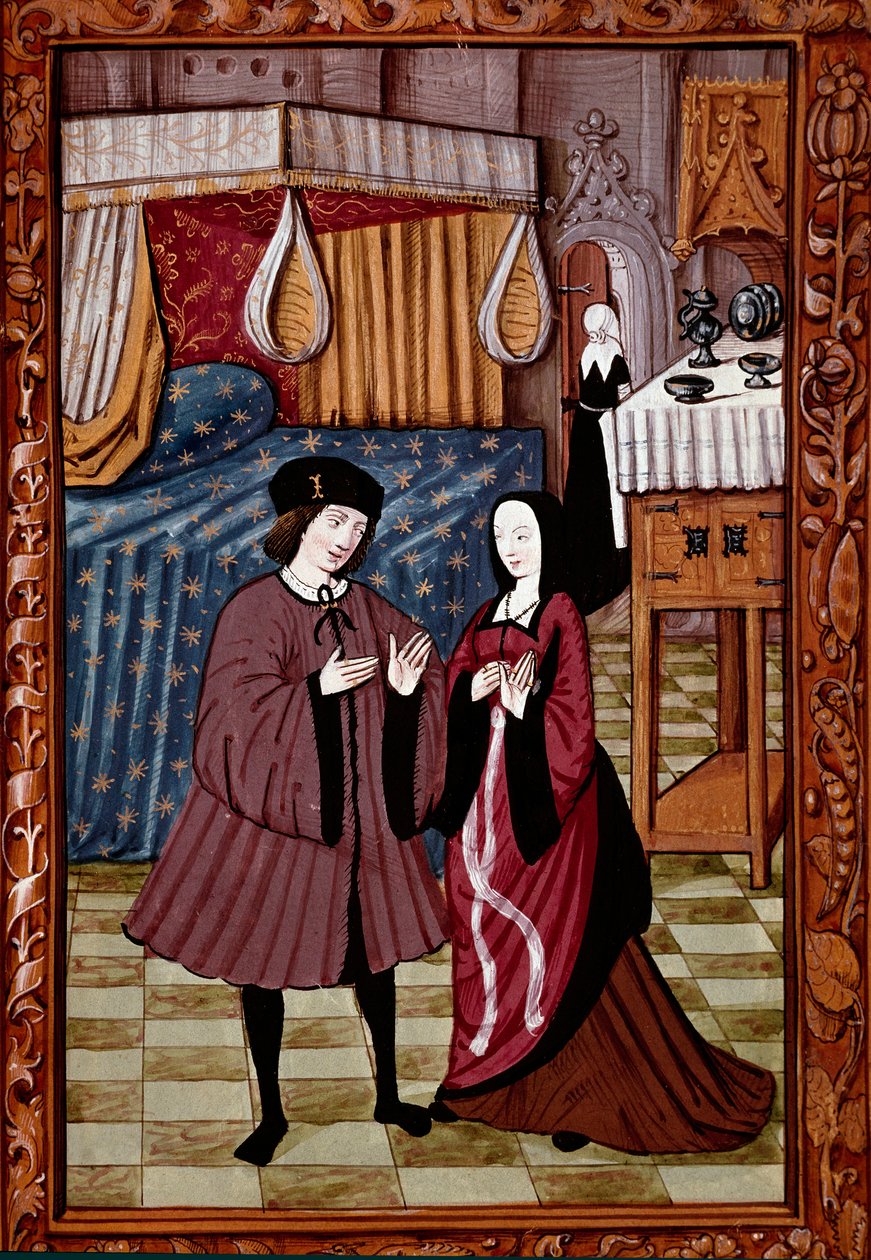 Encontro galante num quarto Provavelmente o amor de Jean III de Brush e Louise de Laval. Miniatura do manuscrito ms. 1475 de Unknown artist