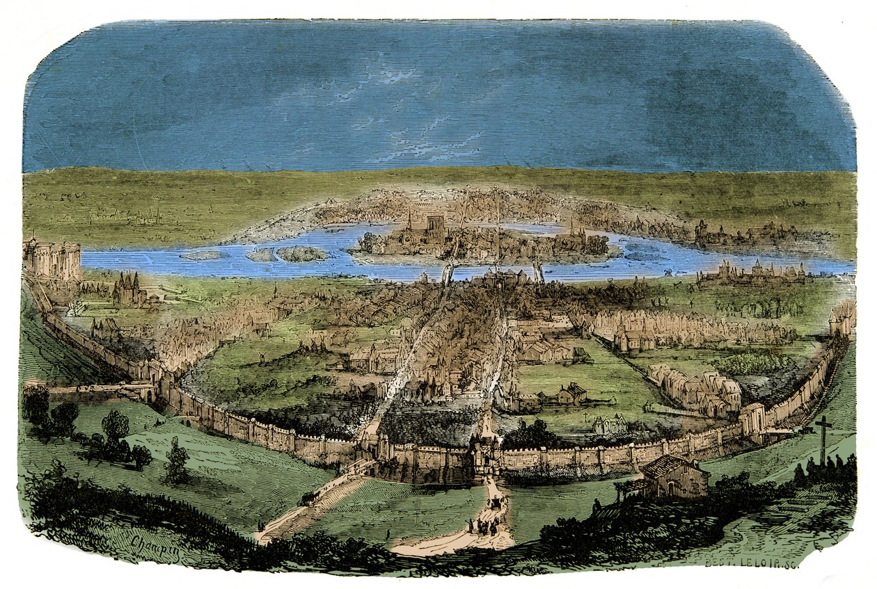 Vista geral de Paris com o recinto sob Philippe Auguste, Gravura do século XIX de Unknown artist