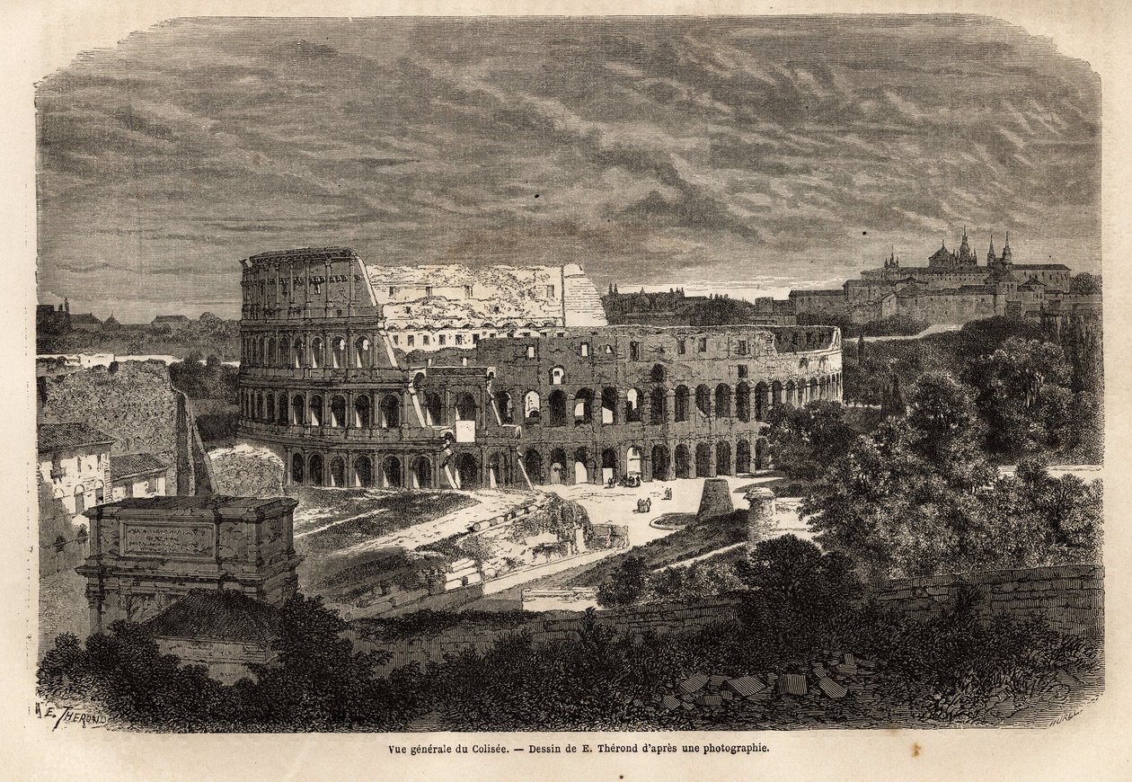 Vista geral do Coliseu, em Roma, anfiteatro flamengo concluído em 80, sob o reinado do Imperador Tito, acomodando até 75.000 pessoas, permaneceu em serviço até o século VI, símbolo da Roma imperiosa, localizada a leste do Fórum Romano, é de Unknown artist