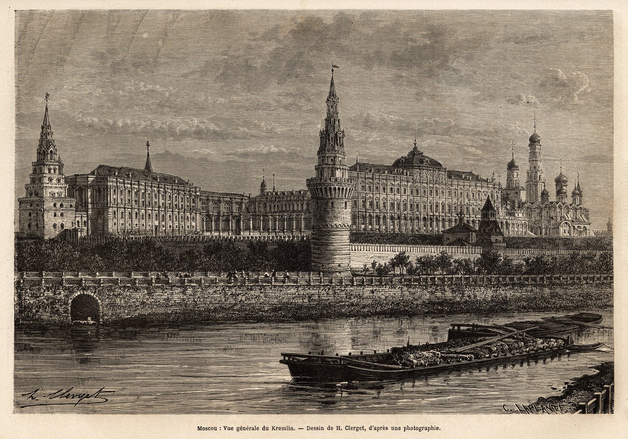 Vista geral do Kremlin, o centro geográfico de Moscou e o centro político da Rússia, o bairro construído no século XIV sempre foi expandido e restaurado em todas as periferias históricas do país. Gravura para ilustrar La Rus de Unknown artist