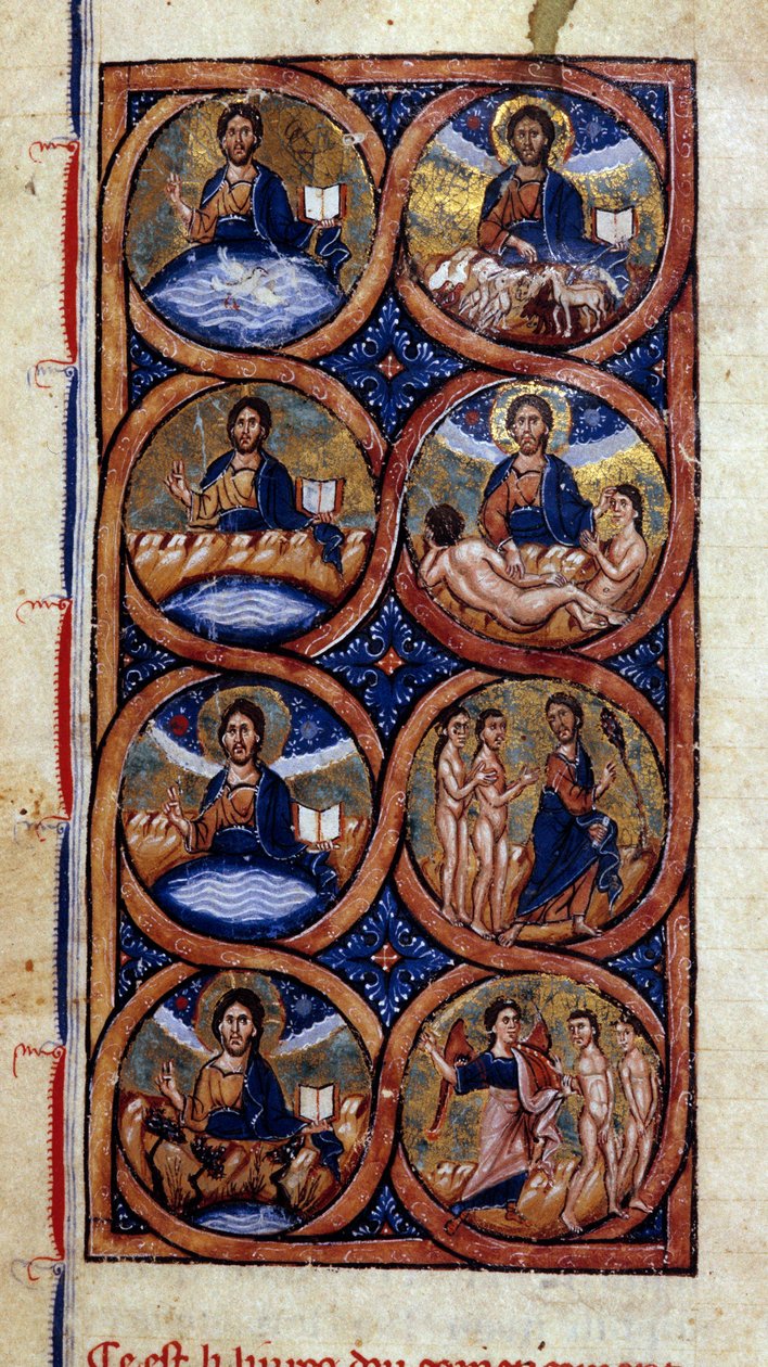 Gênesis: representação das diferentes etapas da criação do mundo (cosmogonia). Miniatura de um manuscrito "História Universal" do século XIII. Biblioteca Municipal de Dijon de Unknown artist