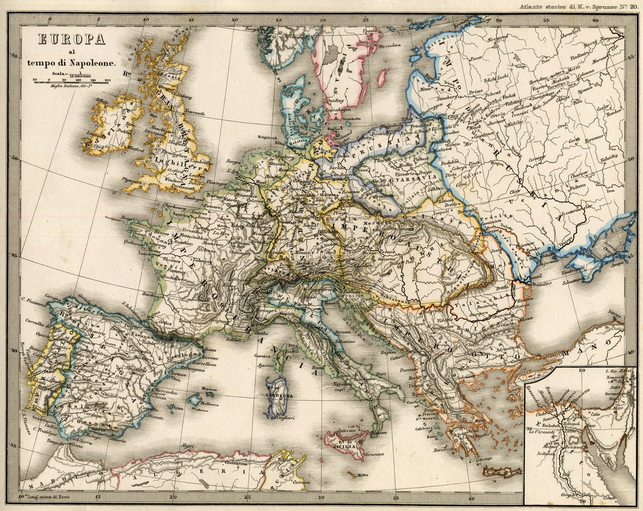 Mapa geográfico da Europa na época de Napoleão I. Em "Atlante Storico Geografico" de K. von Sruner de Unknown artist