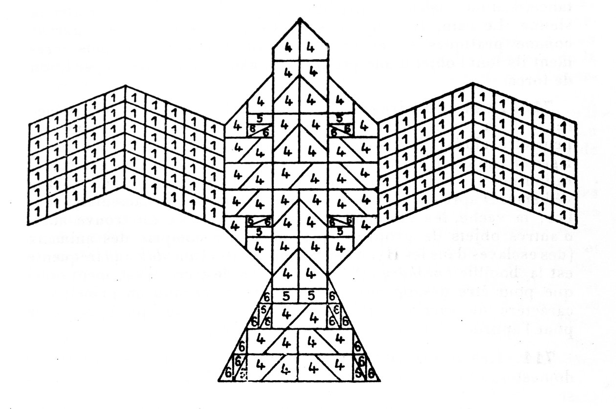 Geometria das Sulbasutras: planta do altar de fogo em forma de falcão. Esquema matemático referente às regras de construção dos altares sacrificiais do período védico da Índia (1500-500 a.C.). Revista da Sociedade Asiática de Bengala por de Unknown artist