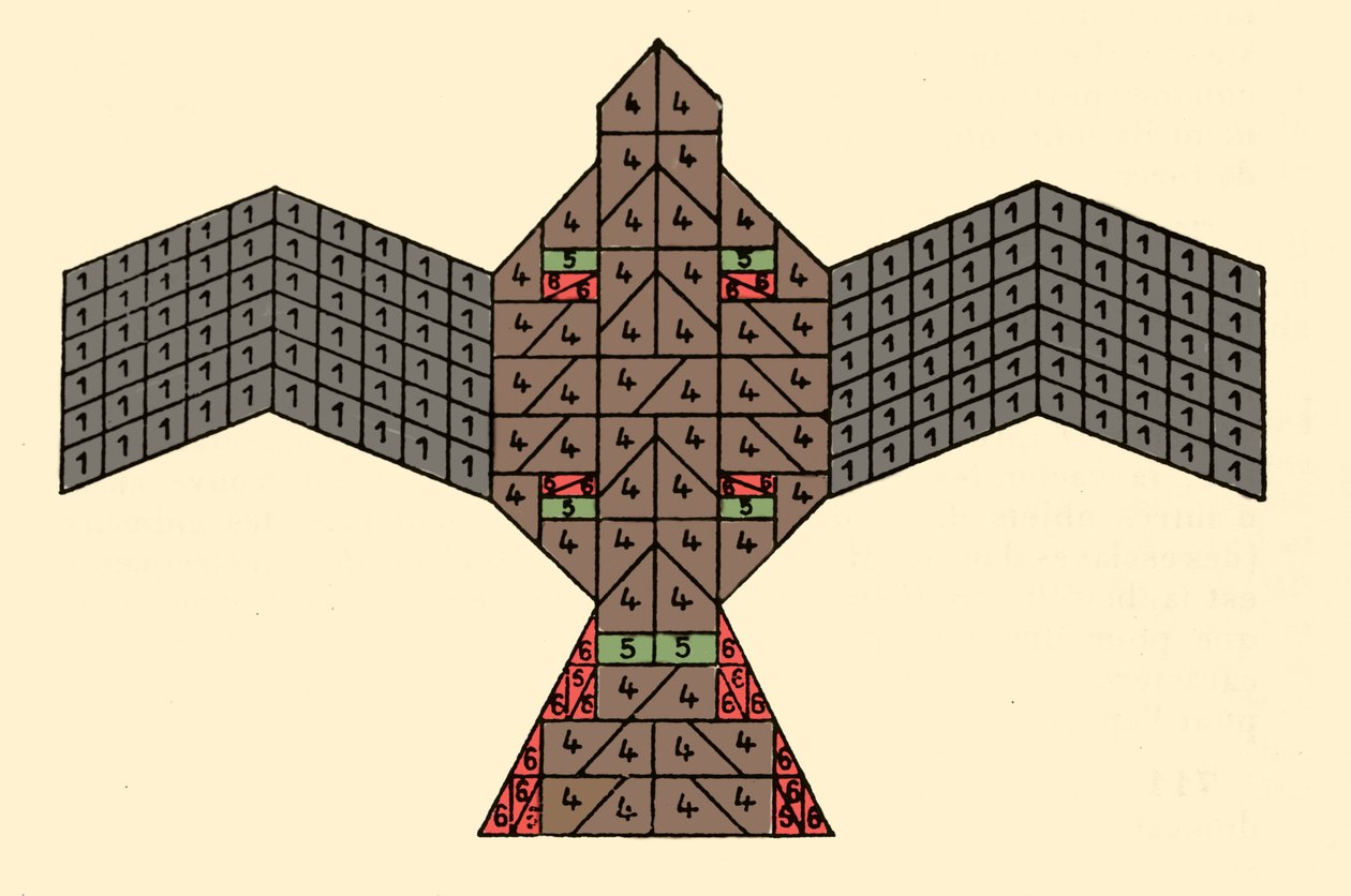 Geometria das Sulbasutras: planta do altar de fogo em forma de falcão. Esquema matemático referente às regras de construção dos altares sacrificiais do período védico da Índia (1500-500 a.C.). Revista da Sociedade Asiática de Bengala por de Unknown artist