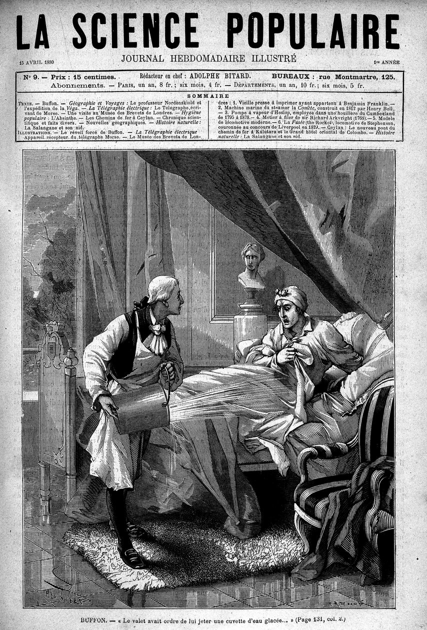 Georges Louis Leclerc Buffon na sua cama, o vale atirando-lhe um balde de água gelada. Em "Ciência Popular", 15 de Abril de Unknown artist