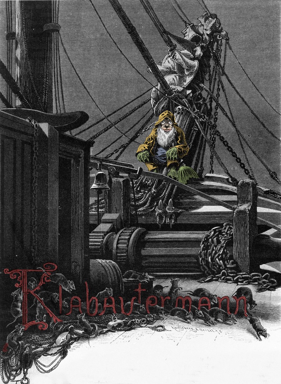Mitologia germânica: representação de um Klabautermann no convés de um barco, um elfo protector dos navios no mar. Gravura do século XIX de Unknown artist