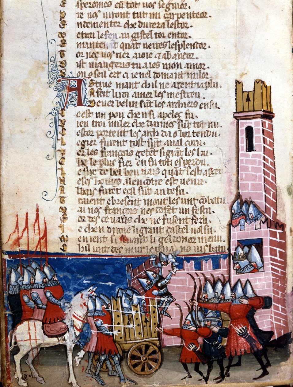 Canção dos gestos: cena de batalha perto de uma cidade fortificada. As tropas de Carlos Magno (742-814) lutaram contra os mouros da Espanha. Miniatura retirada do manuscrito franco-italiano "Entreée d