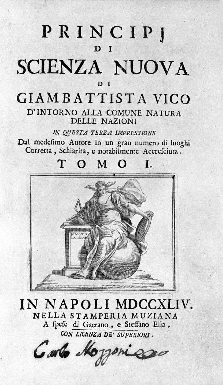 Giambattista Vico. Também chamado Giovanni, Gian Battista, Jean Baptiste ou Jean-Baptiste. Frontispício da "La Scienza Nuova" (A Ciência Nova) de Unknown artist