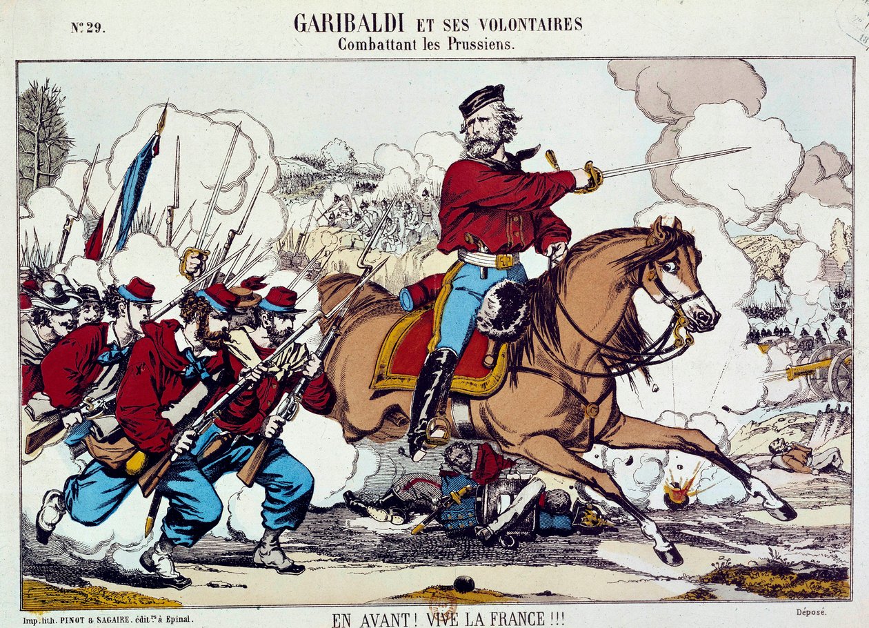 Giuseppe Garibaldi (1807-1882) lutando com os seus voluntários contra os Prussianos. "Avante, longa vida à França" Por volta de 1871. Gravura B.N. Paris de Unknown artist