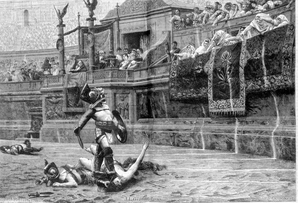 Batalha de Gladiadores na época romana após a pintura de J L Gerome de Unknown artist