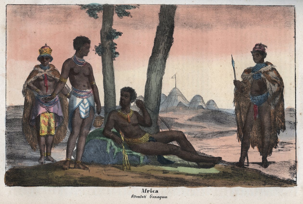 Gonqui Hottentots do Cabo - gravura de "Usos e Costumes de Todos os Povos do Universo". Ou História do Governo, Leis, Milícias, Religião de Todas as Nações desde os tempos mais remotos até ao dia de hoje" 1856 de Unknown artist