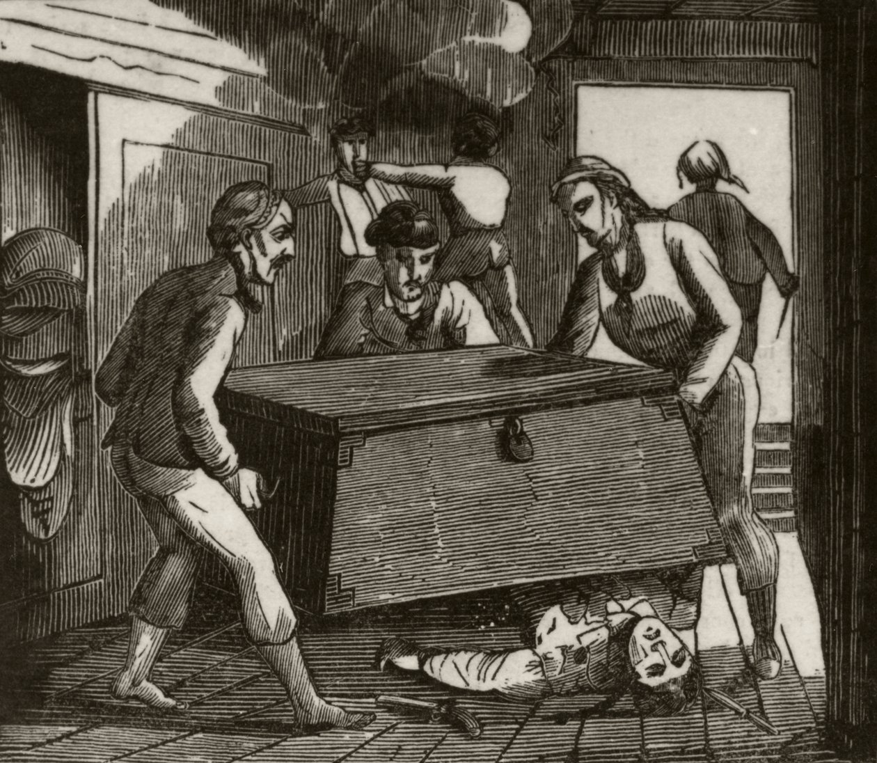"Gordon e seus companheiros pressionando o capitão francês até a morte com um grande peito", c.1836 de Unknown artist
