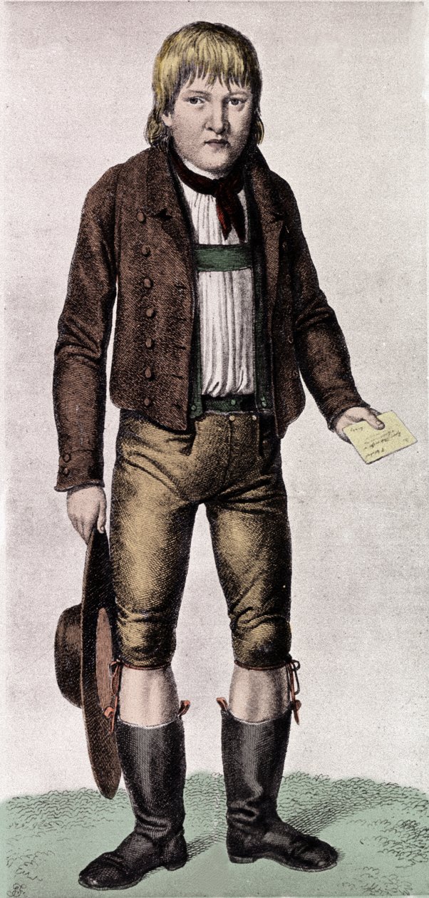 Grandes Enigmas: retrato de Gaspard (Kaspar) Hauser apelidado de Orfão da Europa na época de sua aparição em Nuremberg por volta dos 16 anos de idade, em 26/05/1828. Foi assumido de uma família ilustre, mas as suas origens permanecem misteriosas. Gravura d de Unknown artist