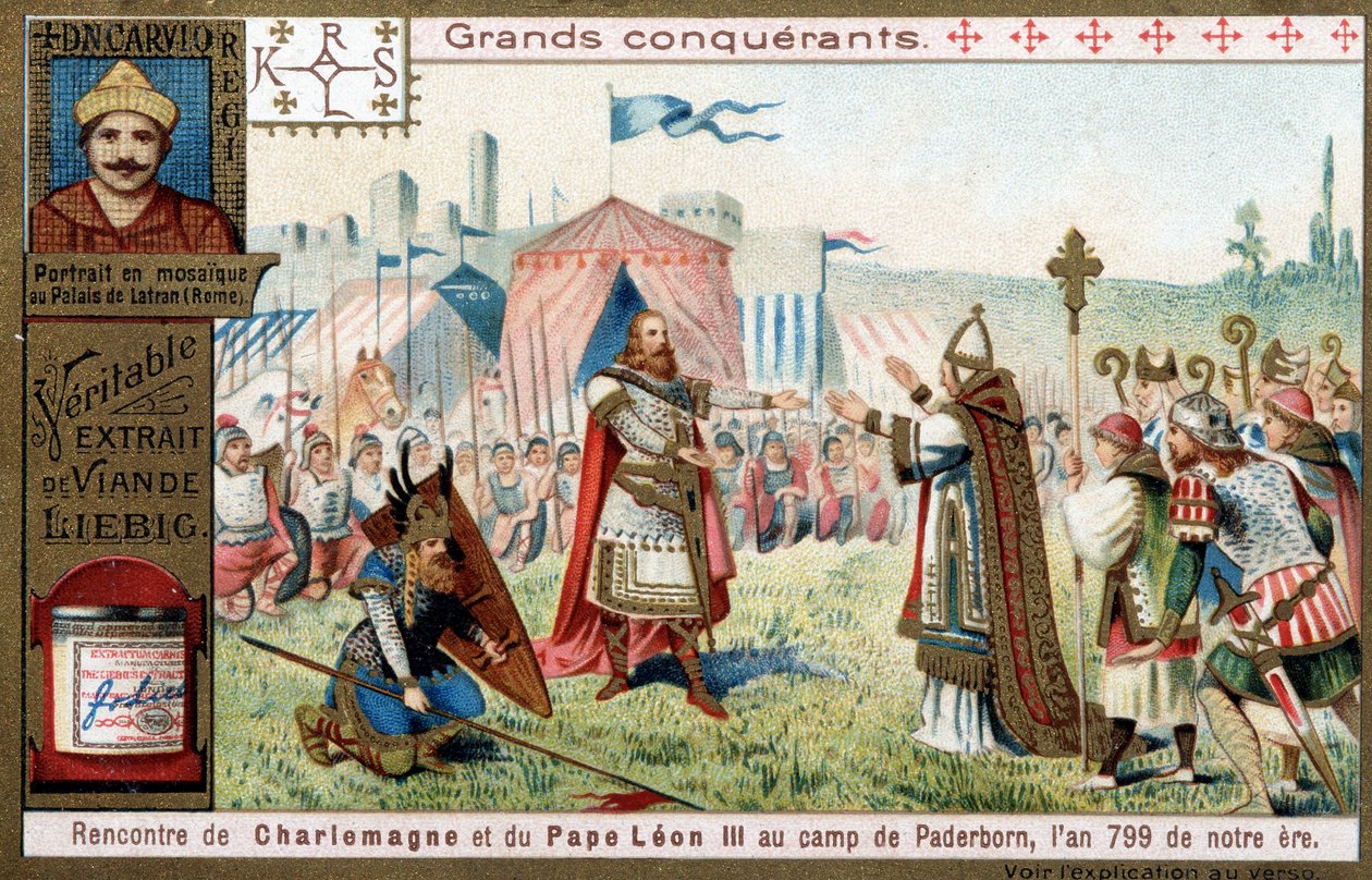 Grandes conquistadores: retrato de Carlos Magno (742 ou 747-814) e seu encontro com o Papa Leão III (750-816) no acampamento Paderborn (Alemanha), em 799 - Cromolitografia de Liebig de Unknown artist