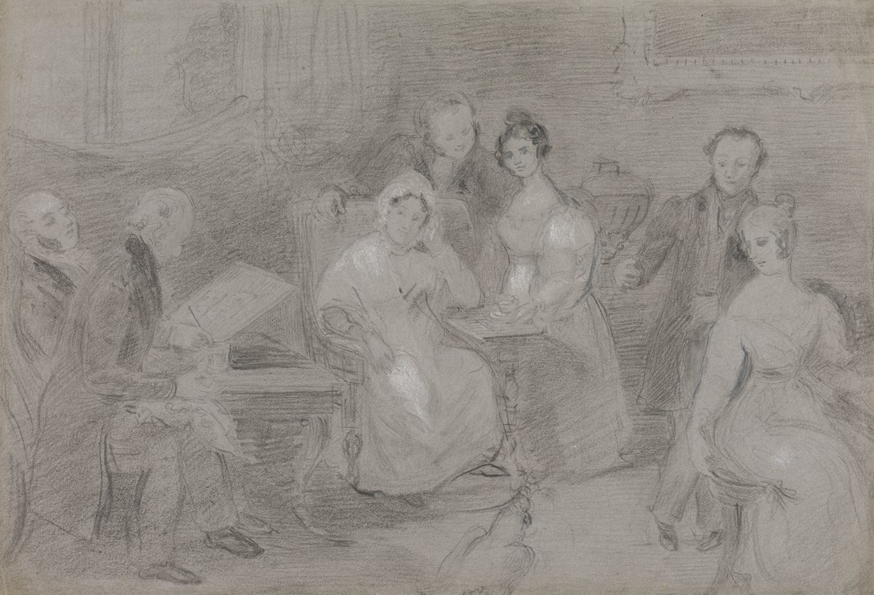 Grupo de figuras, com um homem a pintar em aguarela e uma rapariga a dar chávenas de chá de Unknown artist