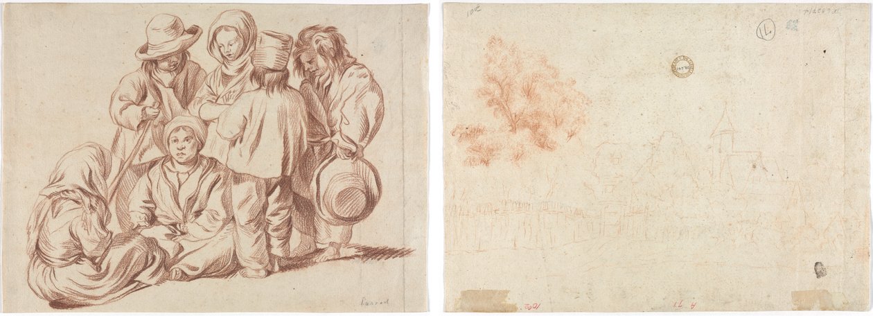 Grupo de Seis Crianças (reto); Esboço de uma Aldeia (verso) de Unknown artist