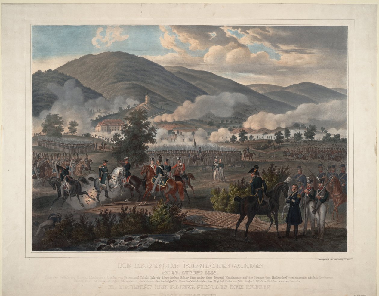 Guerras Napoleónicas: a Batalha de Kulm (actual Chlumec) na Boémia (República Checa) em 30/08/1813 - Regimento de Guardas de Vida Russos na Batalha de Kulm em 29 de Agosto de 1813 - Anónimo - ca 1813 - Litografia a cores - 59x75,6 - Colecção Privada de Unknown artist