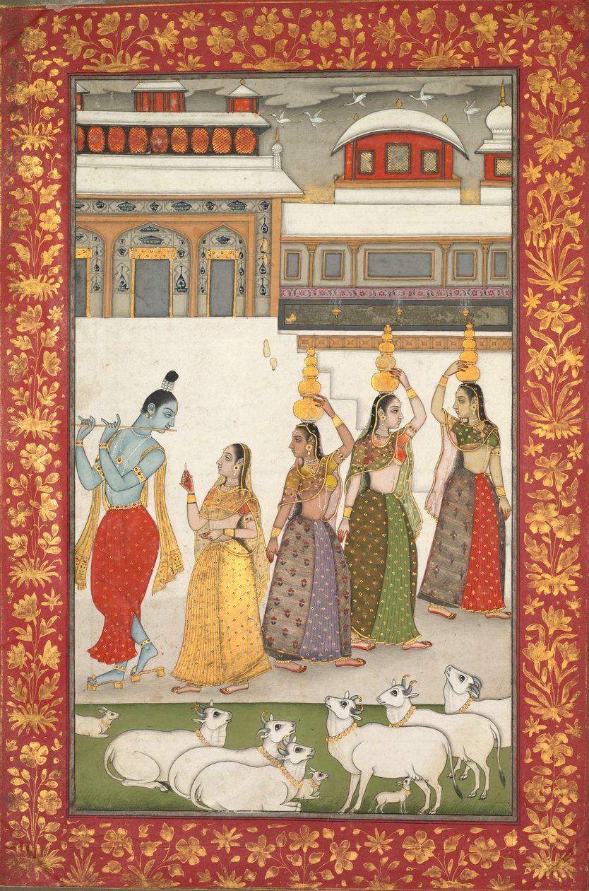 Gujari Ragini (Krishna com Gopis tocando flauta), de uma série Ragamala de Unknown artist
