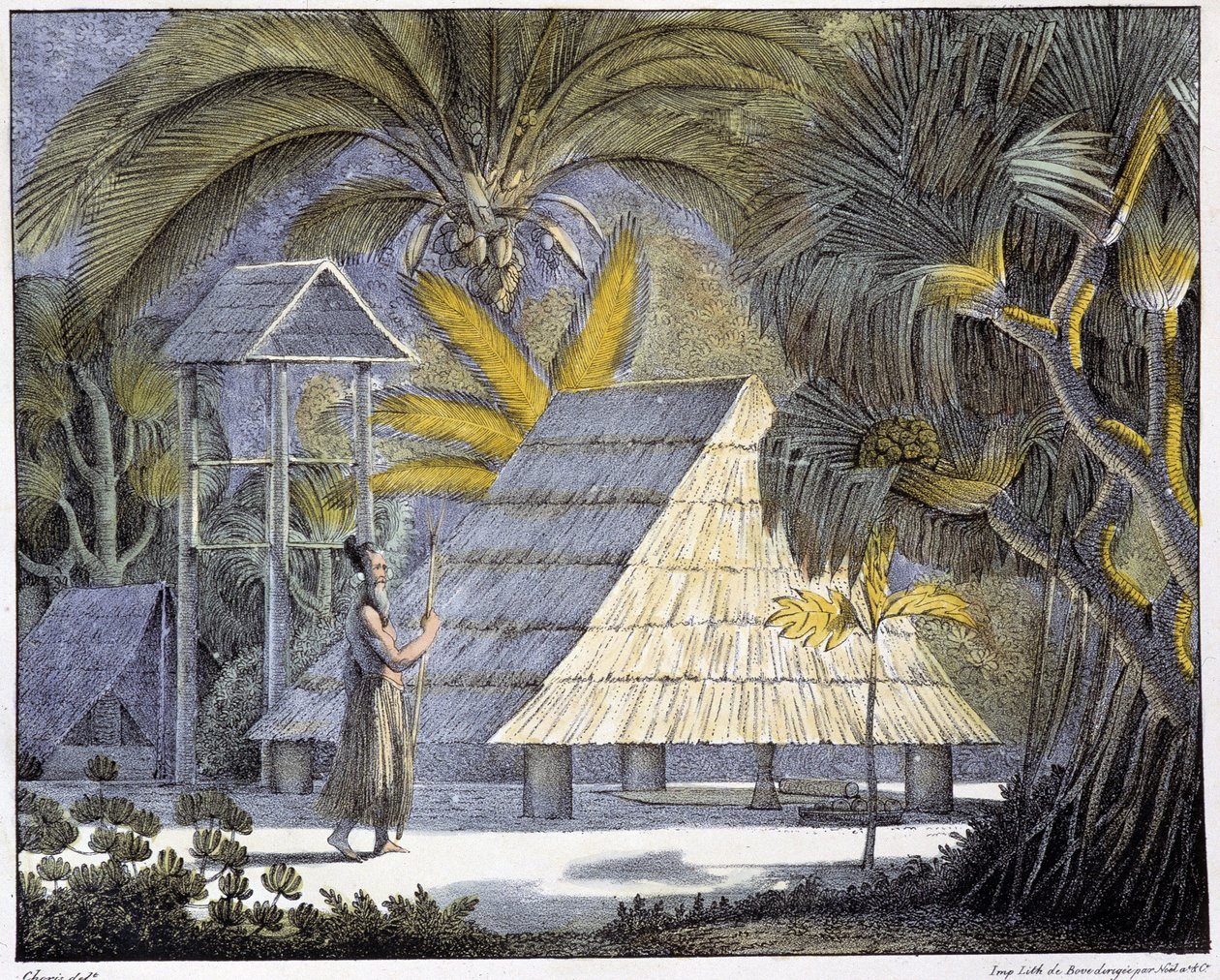 Habitat nas Ilhas Radak, arquipélago das Ilhas Marshall. Gravura do século XIX. de Unknown artist