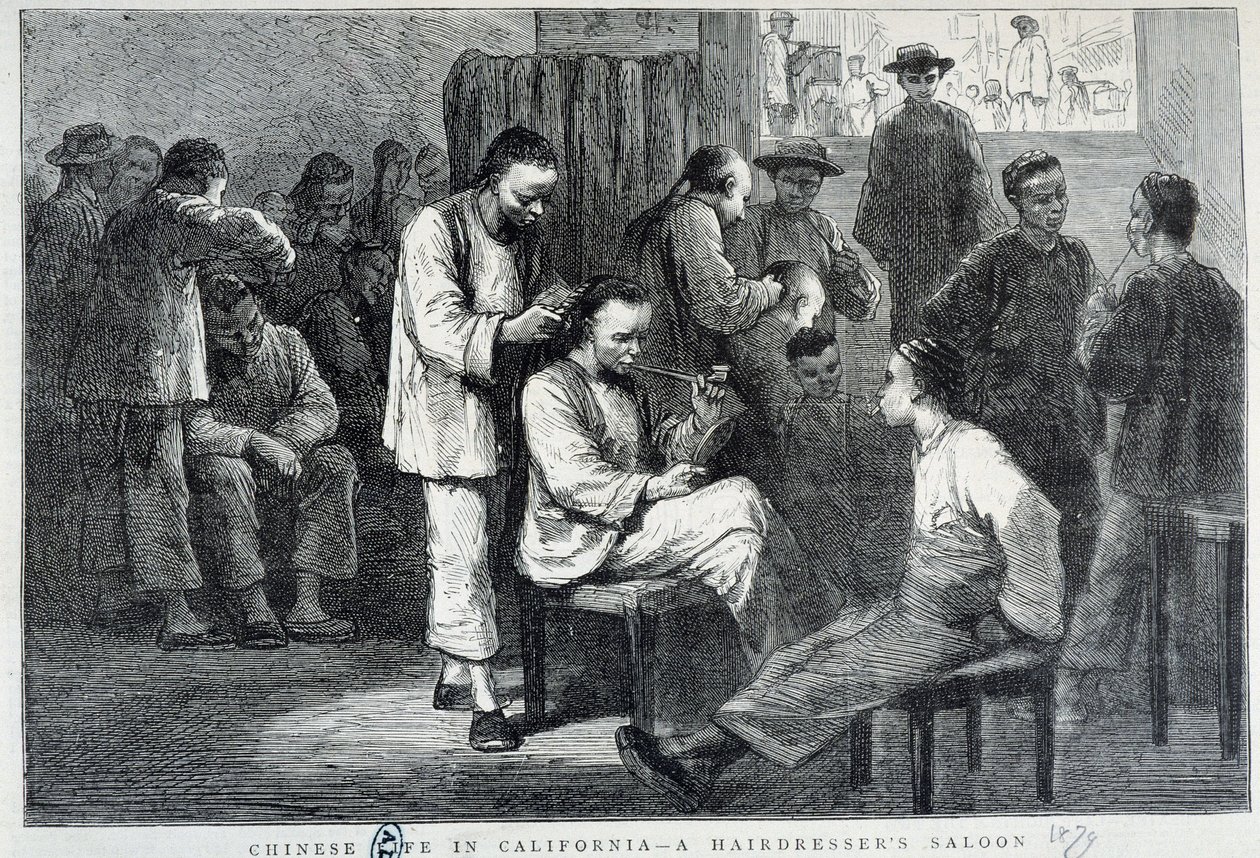 Salão de cabeleireiro na comunidade chinesa da Califórnia - gravura de Unknown artist