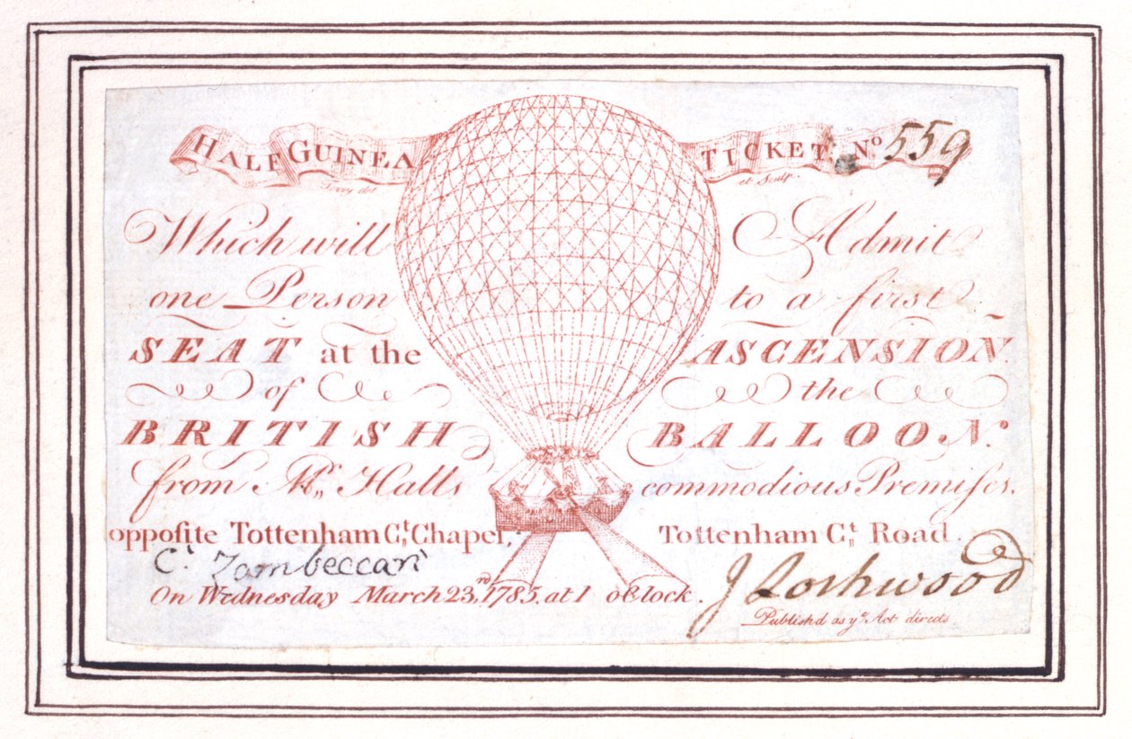 Bilhete de meio Guiné para subida de balão em Tottenham Court Road, Londres, 23 de março de 1785 de Unknown artist