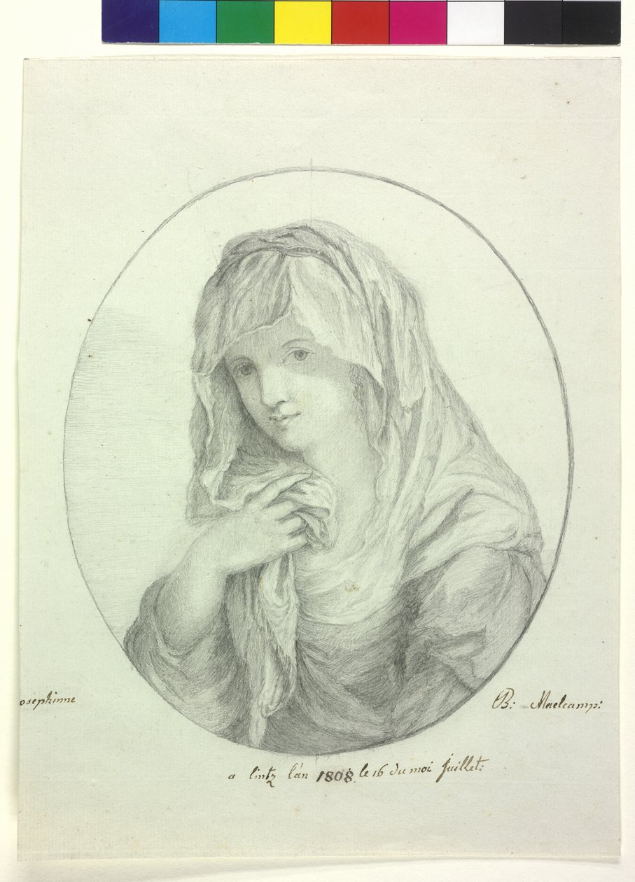 Meio comprimento de uma jovem mulher com um lençol à volta da cabeça Senhora com véu virgem vestal de Unknown artist