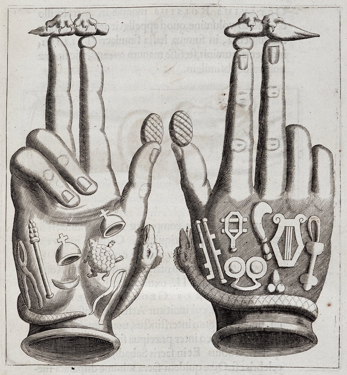 Mãos em "Mensae Isiaca" (discurso da Grande Mãe dos Deuses, seus selos, suas jóias e amuletos e algumas de suas figuras) de Unknown artist