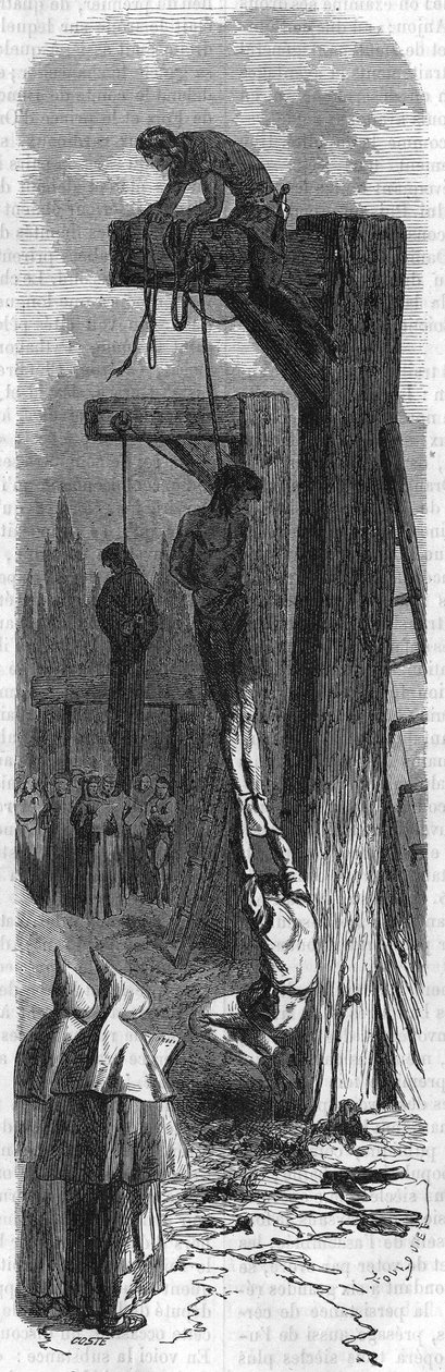 Pendurado de oliveira, o Diabo, barbeiro por Luís XI. Gravura do século XIX. de Unknown artist