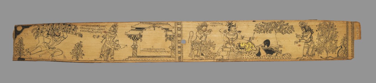 Hanuman Traz a Montanha das Plantas Curativas; Rama extrai a flecha de Lakshmana como Hanuman e um urso se preparam para tratá-lo (reto), de um romance de Chandrabhanu e Lavanyavati de Upendra Bhanja (indiano, falecido em 1740) de Unknown artist