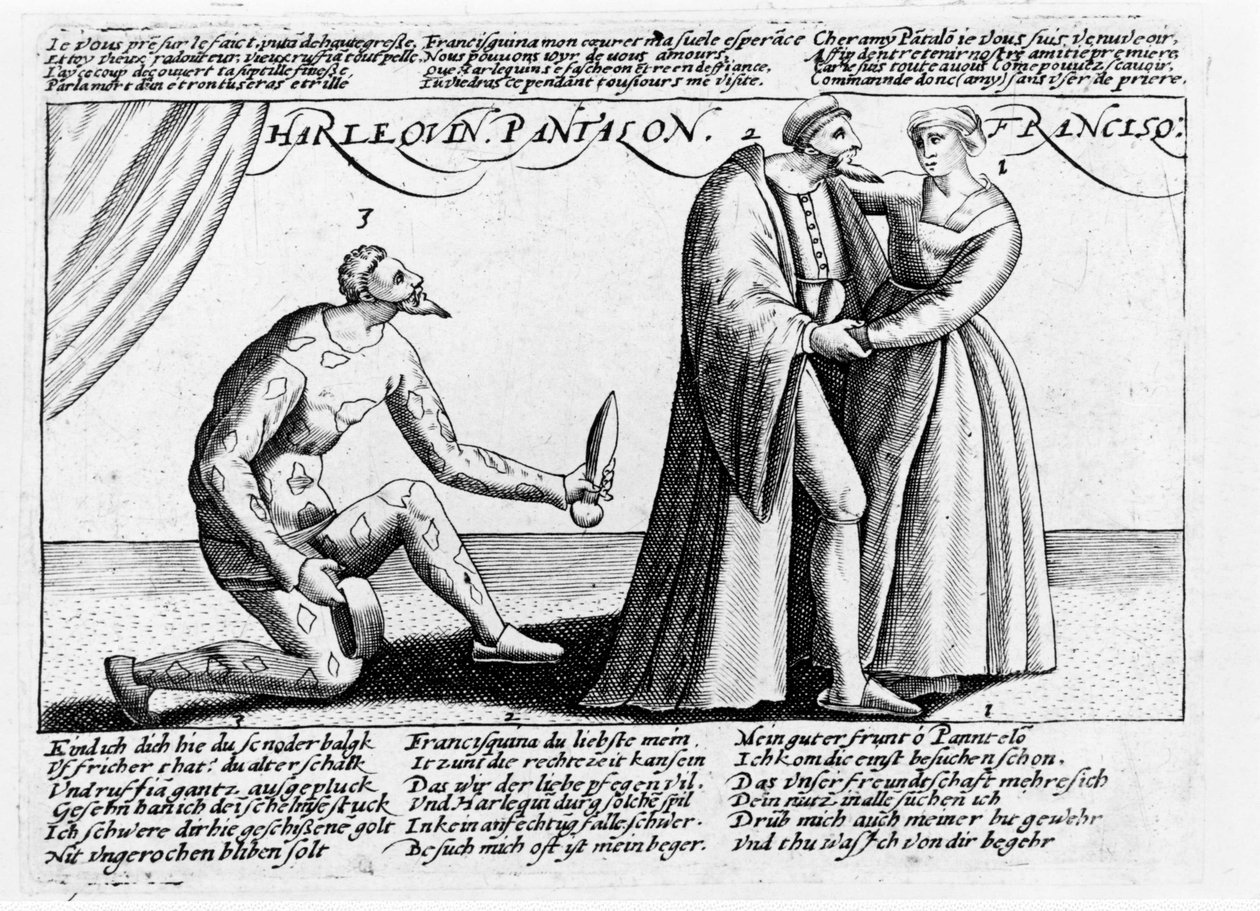 Arlequim cornudo. Série de gravuras de uma peça tocada em França no final do século XVI sobre o tema das desgraças amorosas do Arlequim e da Franceschina. de Unknown artist