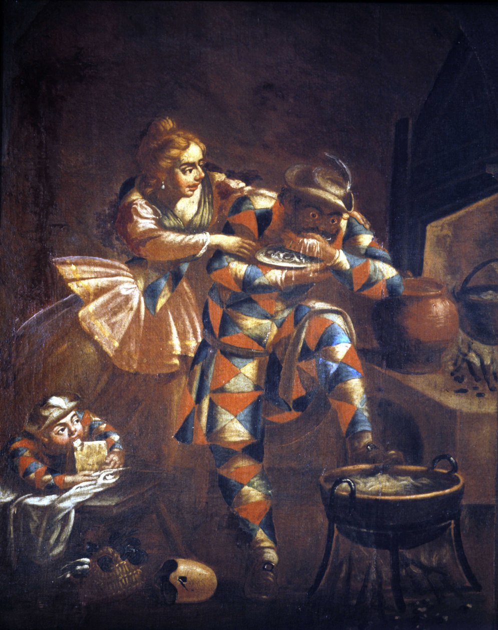Arlequim glutão. Ele sempre tenta pegar algo para comer, símbolo da miséria dos séculos passados. Pintando o século XVIII. . Milão de Unknown artist