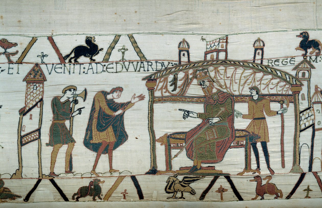 Haroldo, que voltou à Inglaterra, após sua embaixada no Duque Guilherme o Conquistador (1027-1087), recitou sua viagem ao Rei Eduardo, o Confessor Detalhe da Tapeçaria de Bayeux ou Bordado da Rainha Mathilde de Unknown artist