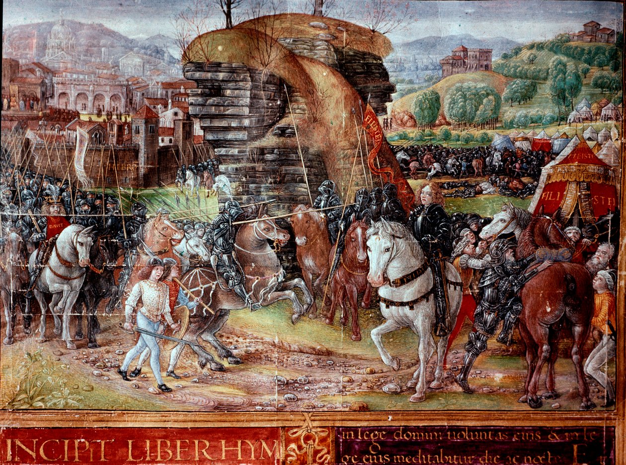 Cavaleiros hebreus liderados por David caminham sobre os filisteus em miniatura do manuscrito Ms. Plut. 15/17, f. 3 "Incipit Liber Hymnorum" Florença do século XV, Biblioteca Laurenziana, de Unknown artist
