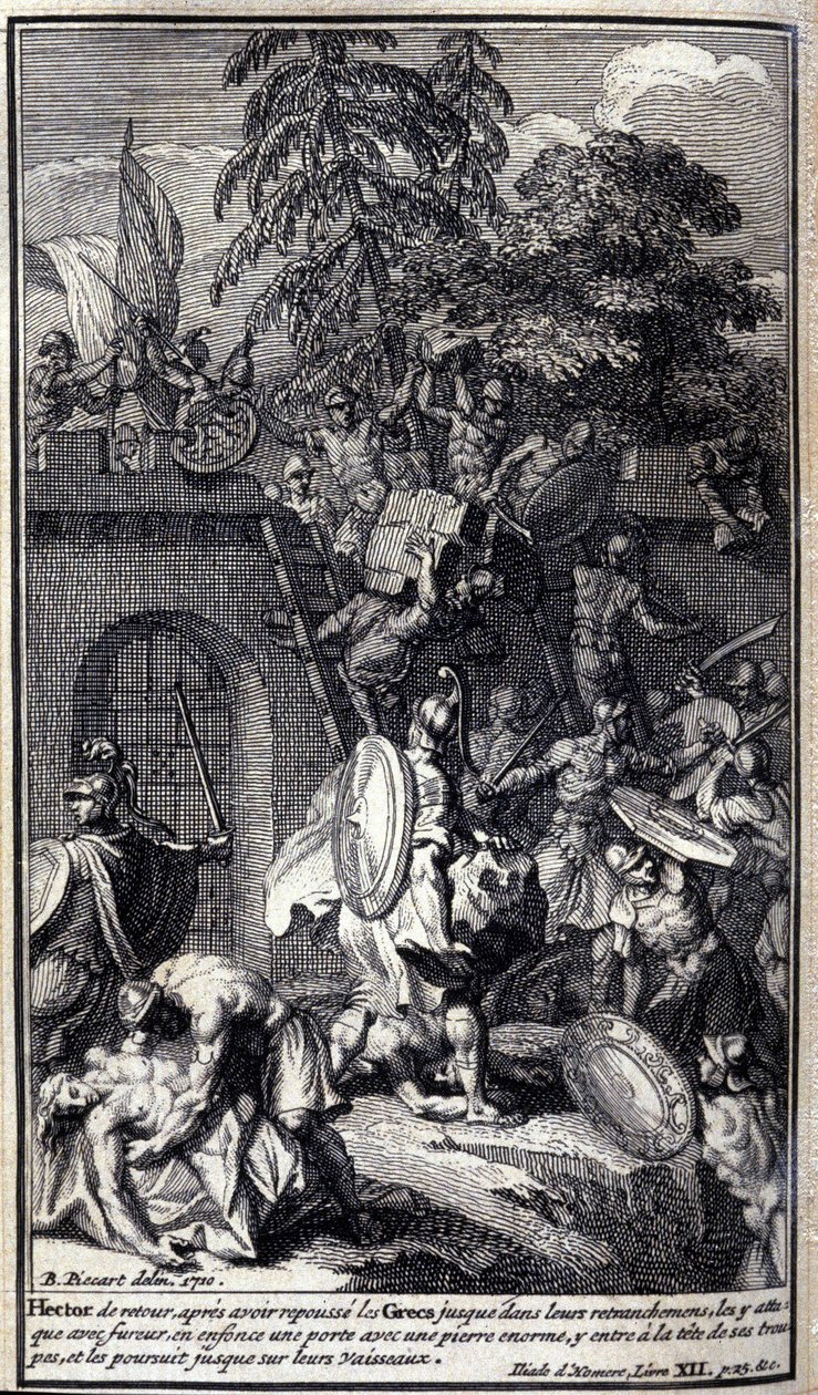 Hector, de volta depois de empurrar os gregos de volta às suas trincheiras, ataca-os com fúria, afunda uma porta com uma pedra enorme, entra nela à cabeça das suas tropas, e persegue-os até aos seus navios. Ilustração do livro XII da Ilíada de Homero, ediç de Unknown artist