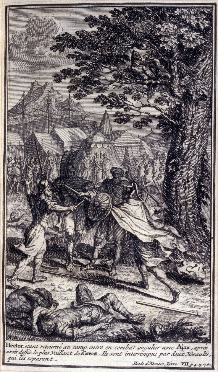 Hector, de regresso ao campo, entra numa batalha singular com o Ajax, depois de ter desafiado o mais corajoso dos gregos. Eles são interrompidos por dois Herautas que os separam. Ilustração do livro VII da Ilíada de Homero, edição francesa de Unknown artist