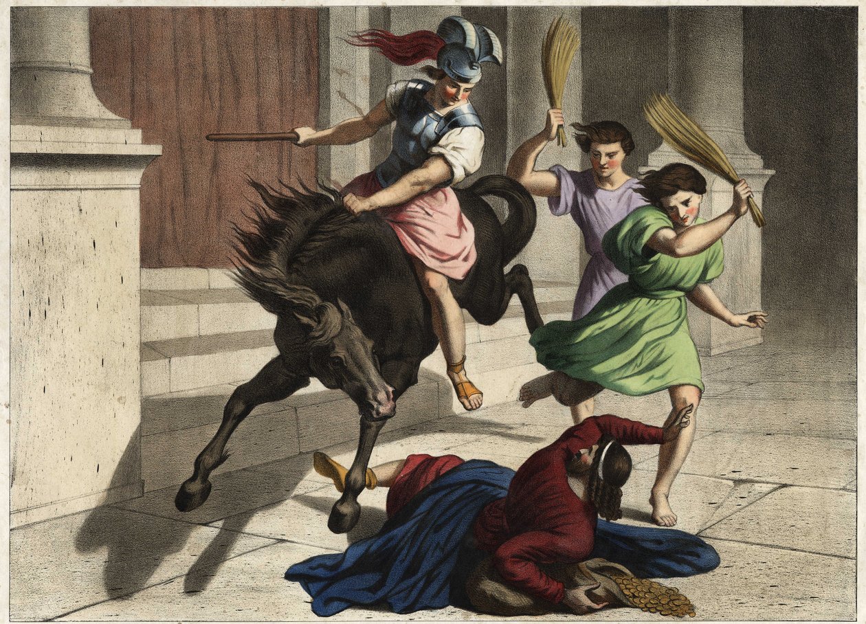 Heliodoro (Heliodoros) foi expulso do templo: por ordem do seu governante, ele tentou, sem sucesso, tomar os tresors do templo de Jerusalém. Gravura anónima de meados do século XIX. de Unknown artist