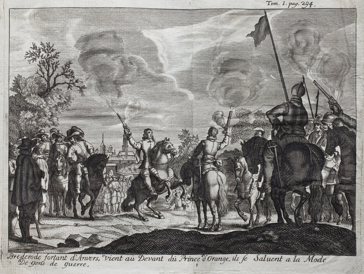 Henri, Conde de Brederode (Hendrik Graaf van Brederode) (1531-1568), saindo de Antuérpia (Holanda, Holanda), chega à frente de Guilherme I de Orange-Nassau (Orange Nassau), Príncipe de Orange (ou Guillaume the Taciturn de Unknown artist
