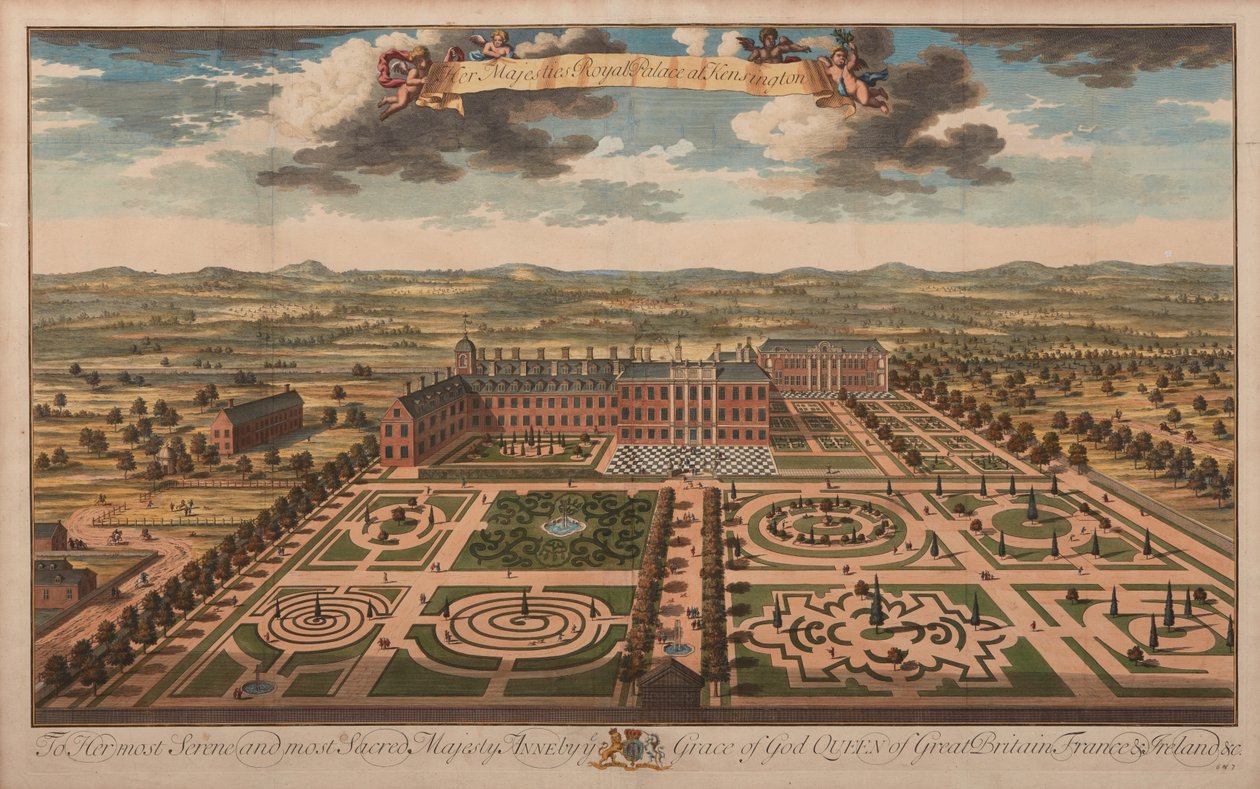 Palácio Real de Suas Majestades em Kensington, c.1707-14 (impresso) de Unknown artist