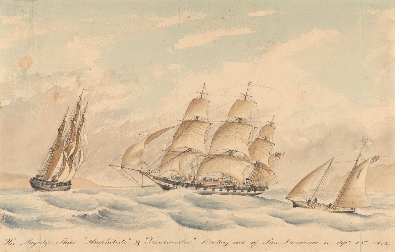 Navios de Sua Majestade "Amphitrite" e "Trincomalee" a zarpar de São Francisco em 23 de setembro de 1854 de Unknown artist