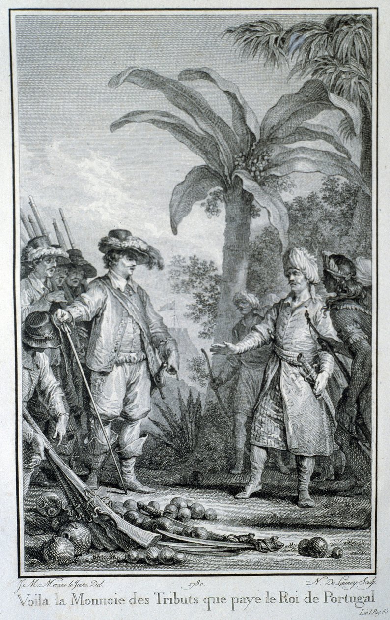 Aqui está a moeda dos tributos que o Rei de Portugal paga: comércio de portugueses nas colónias - in "Histoire philosophique et politique des établissements et du commerce des européens dans les deux Indes", de Guillaume Thomas Raynal, ed. Pelle de Unknown artist