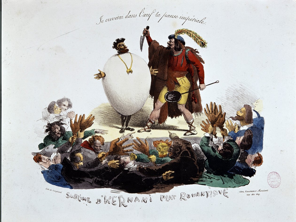 O prato sublime e romântico de Hernani - desenho animado sobre a peça de Victor Hugo "Hernani" ("A Batalha de Hernani"), litografia anónima de Unknown artist