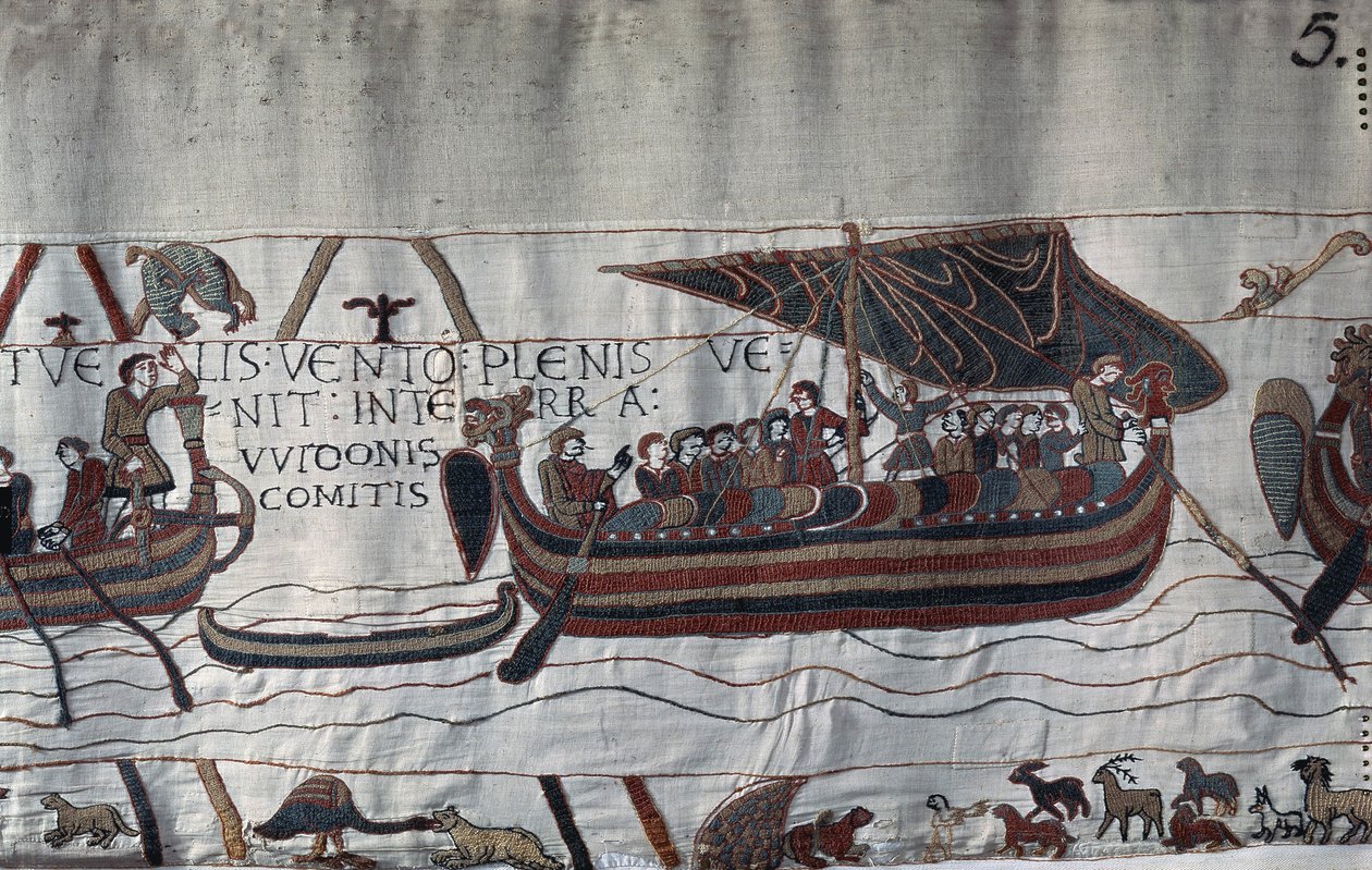 Sequestrado pela tempestade, o navio Harold II (1022 - 1066) encalhado na costa de Ponthieu - Bayeux Tapestry, conhecido como Bordado da Rainha Mathilde de Unknown artist