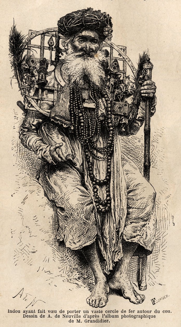 Hindu jurou usar um grande círculo de ferro à volta do pescoço. Gravura para ilustrar a viagem nas províncias meridionais da Índia, de Alfred Grandidier, em 1862-1864, publicada em "le tour du monde", sob a direção de D