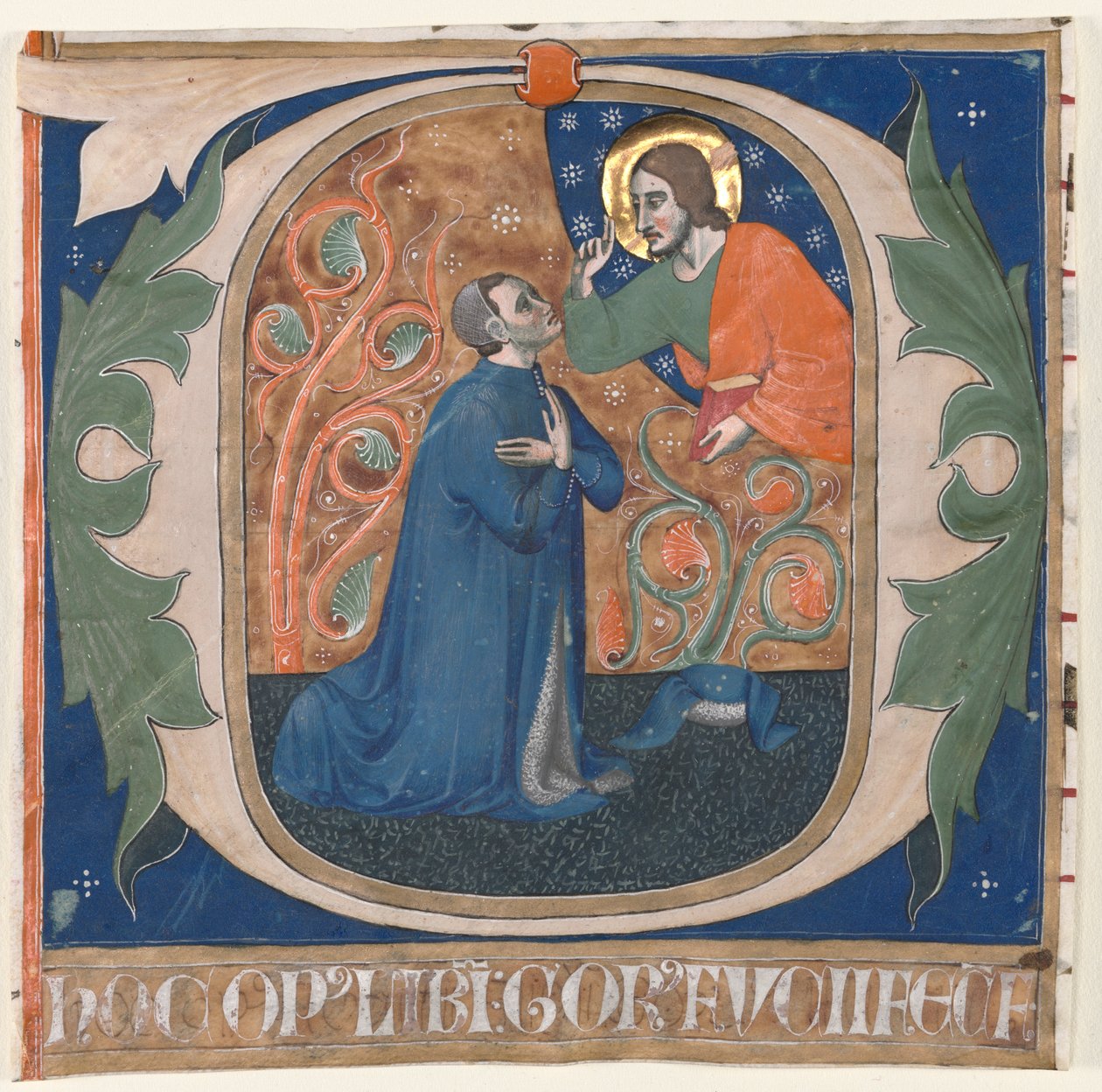 Inicial Historiada (O) Extirpada de um Antifonário: O Doador, Gorus Fucci, Ajoelha-se diante de Cristo de Unknown artist