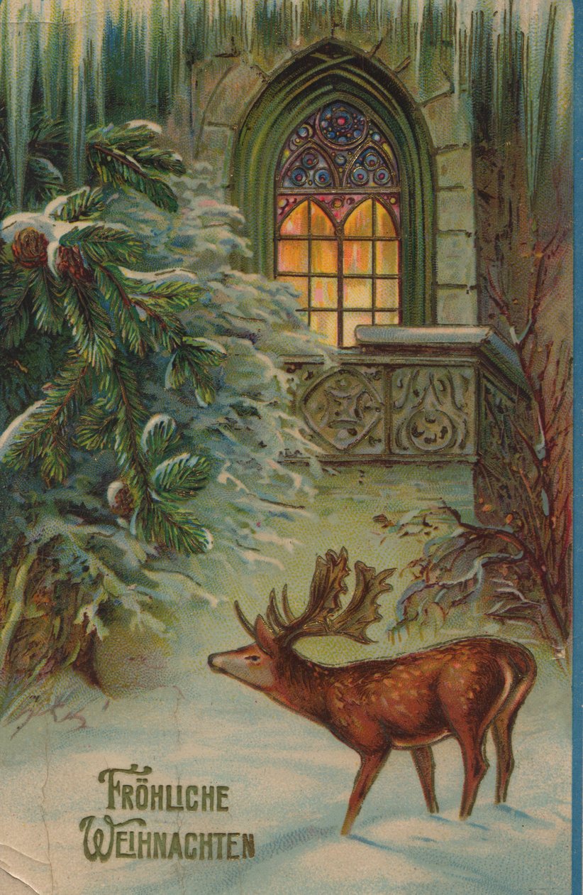 Cartão de Natal Histórico com motivo de Inverno com Stag e Igreja de Unknown artist